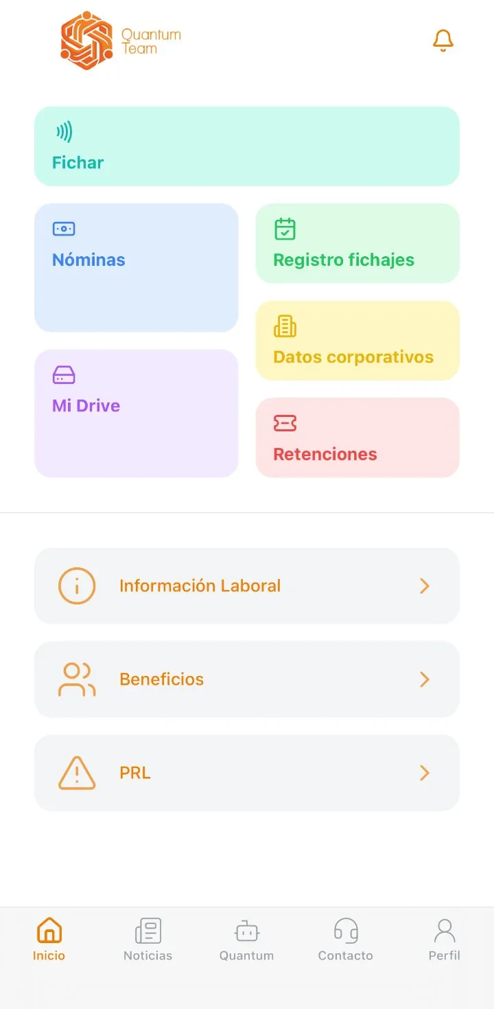 App Quantum Team — pantalla de inicio