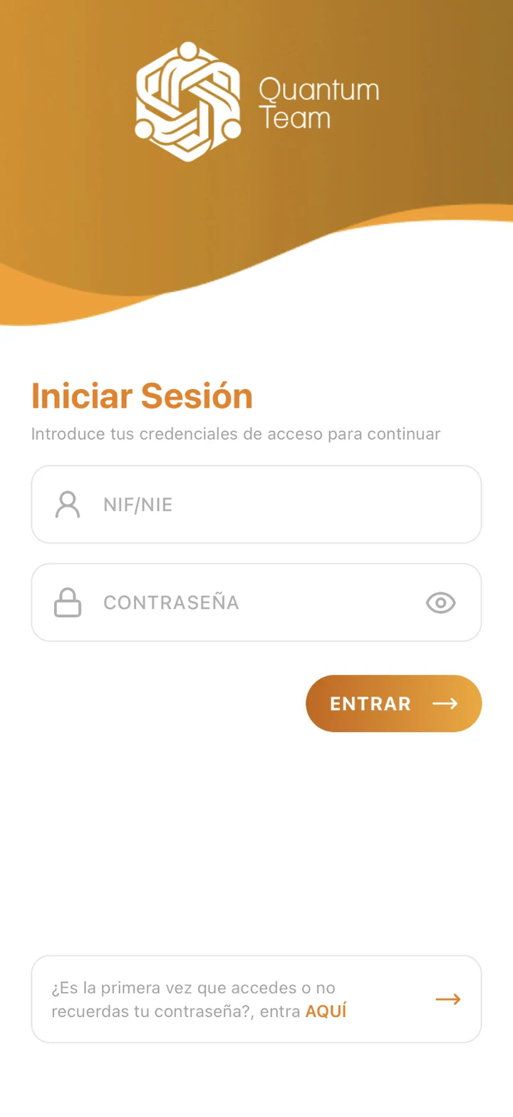 Pantalla de inicio de sesión de la app Quantum Team